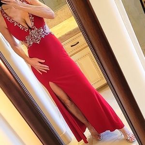 Mac Dugall Red Open-back Embellished Side Cutout Gown, Sz 0